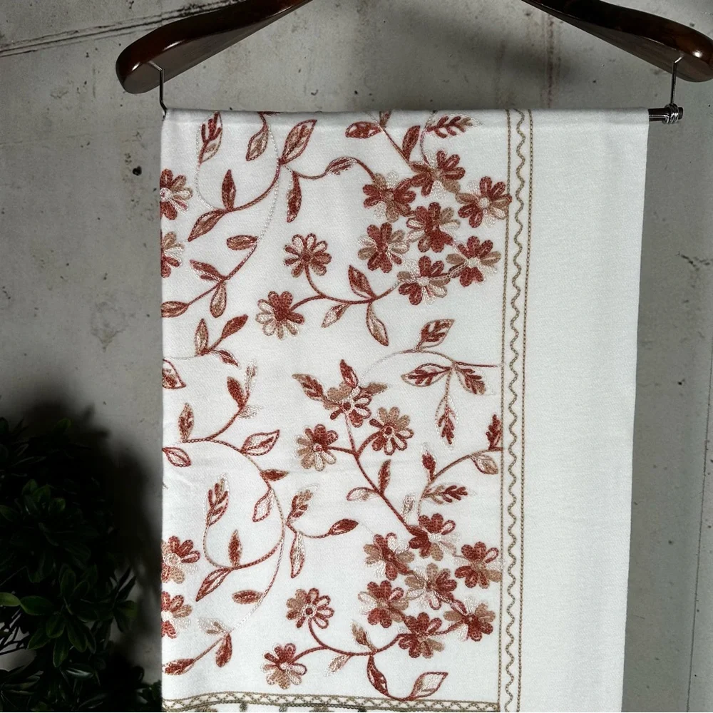 Embroidered white cashmere scarf wrap ruana